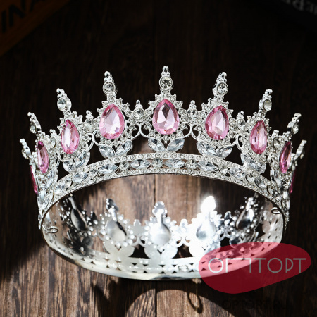Корона на торт, серебро (15 см, Розовые камни)